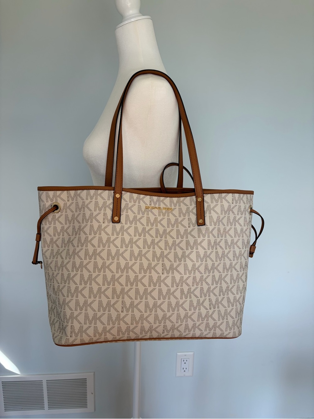 Michael Kors Beige MK Signature Tote with Brown Trim